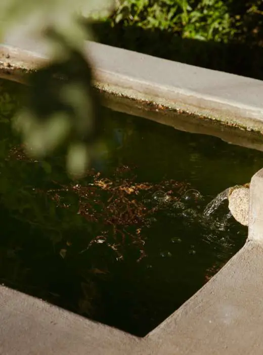 Água a cair para um dos antigos tanques de rega em pedra