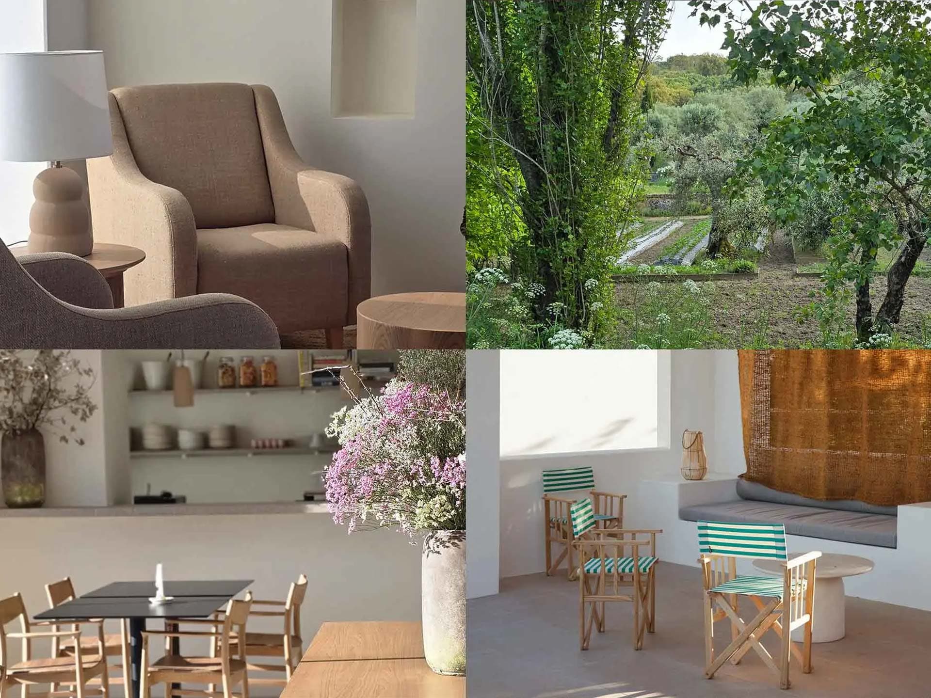 Quatro imagens: um cadeirão de linho, o caminho do jardim, uma sala de jantar com flores secas e um terraço à sombra com cadeiras às riscas